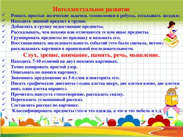 Интеллектуальное развитие Решать простые логические задачки, головоломки и ребусы, отгадывать загадки; Находить лишний предмет в группе. Добавлять в группу недостающие предметы. Рассказывать, чем похожи или отличаются те или иные предметы. Группировать предметы по признаку и называть его. Восстанавливать последовательность событий (что было сначала, потом). раскладывать картинки в правильной последовательности. Слух, зрение, внимание, память, речь, мышление.