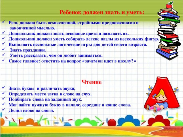 Ребенок должен знать и уметь: Речь должна быть осмысленной, стройными предложениями и  законченной мыслью. Дошкольник должен знать основные цвета и называть их. Дошкольник должен уметь собирать легкие пазлы из нескольких фигур. Выполнять несложные логические игры для детей своего возраста.  Знать праздники.  Уметь рассказать, чем он любит заниматься. Самое главное: ответить на вопрос « зачем он идет в школу? »  Чтение