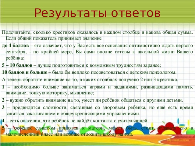 Результаты ответов   Подсчитайте, сколько крестиков оказалось в каждом столбце и какова общая сумма. Если общий показатель принимает значение до 4 баллов – это означает, что у Вас есть все основания оптимистично ждать первого сентября, - по крайней мере, Вы сами вполне готовы к школьной жизни Вашего ребёнка; 5 – 10 баллов – лучше подготовиться к возможным трудностям заранее; 10 баллов и больше – было бы неплохо посоветоваться с детским психологом. А теперь обратите внимание на то, в каких столбцах получено 2 или 3 крестика. 1 – необходимо больше заниматься играми и заданиями, развивающими память, внимание, тонкую моторику, мышление; 2 – нужно обратить внимание на то, умеет ли ребёнок общаться с другими детьми. 3 – предвидятся сложности, связанные со здоровьем ребёнка, но ещё есть время заняться закаливанием и общеукрепляющими упражнениями. 4 – есть опасения, что ребёнок не найдёт контакта с учительницей. 5 – ребёнок слишком привязан к матери, может быть, стоит отдавать его в малочисленный класс или вообще отложить школу на год.  