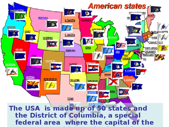 American states .  The USA is made up of 50 states and the District of Columbia, a special federal area where the capital of the country, Washington is situated..