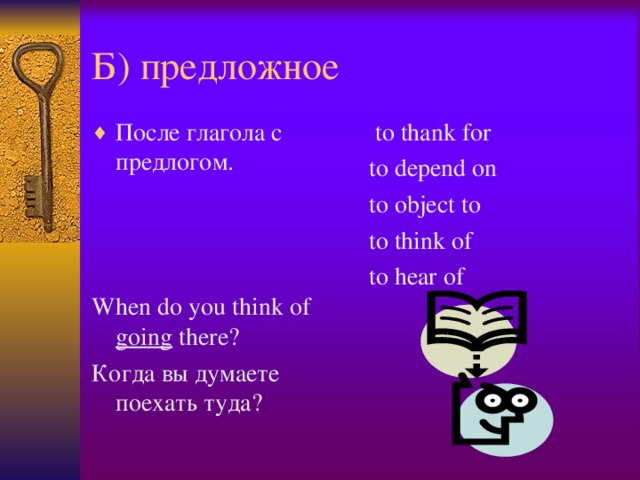 Б) предложное После глагола с предлогом.  to thank for to depend on to object to to think of to hear of When do you think of going there? Когда вы думаете поехать туда?