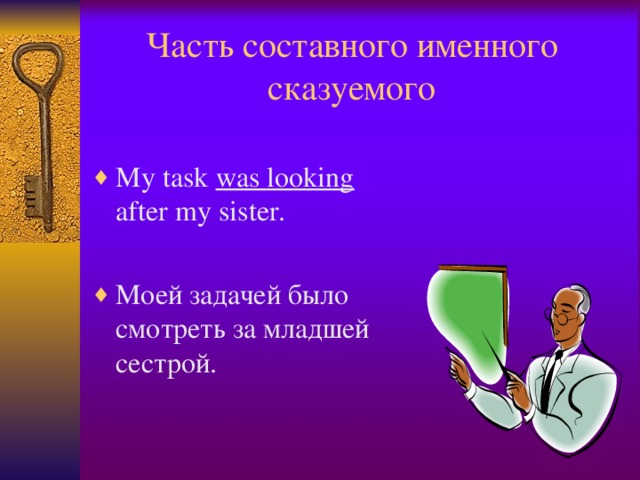 Часть составного именного сказуемого My task was looking after my sister.  Моей задачей было смотреть за младшей сестрой.