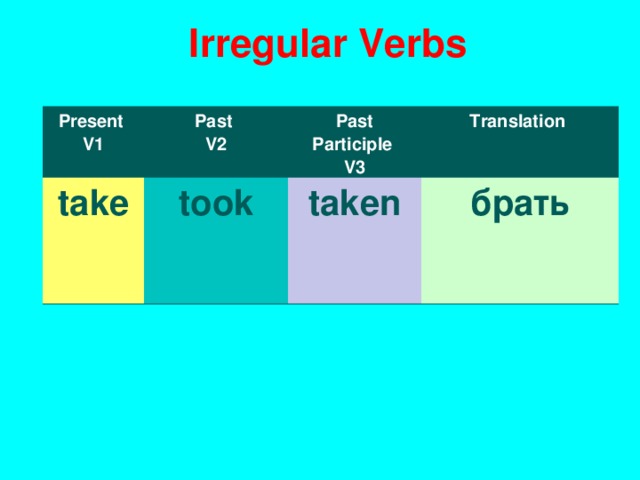 I rregular Verbs Present V1 Past V2 take took Past Participle V3 T ranslation taken брать