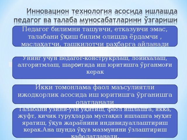 Педагог билимни ташувчи, етказувчи эмас, талабани ўқиш билим олишда ёрдамчи , маслаҳатчи, ташкилотчи раҳбарга айланади Унинг учун педагог-конструкрлаш, ло й ихалаш, алгоритмлаш, шар ои тида иш юритишга ўрганмоғи керак Икки томонлама фаол маъсулиятли ижодкорлик асосида иш юритишга ўрганишга одатланади Талабани ўзини-ўзи ўқитиш, фаол ишлашга, якка, жуфт, кичик гуруҳларда мустақил ишлашга муҳит яратиш, ўқув жараёнини индивидуаллаштириш керак.Ана шунда ўқув мазмунини ўзлаштириш кафолатланади.