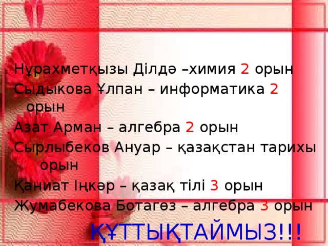 Нұрахметқызы Ділдә –химия 2 орын Сыдыкова Ұлпан – информатика 2 орын Азат Арман – алгебра 2 орын Сырлыбеков Ануар – қазақстан тарихы 2 орын Қаниат Іңкәр – қазақ тілі 3 орын Жумабекова Ботагөз – алгебра 3 орын  ҚҰТТЫҚТАЙМЫЗ!!!