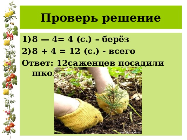 Проверь решение 8 — 4= 4 (с.) – берёз 8 + 4 = 12 (с.) - всего Ответ: 12саженцев посадили школьники.