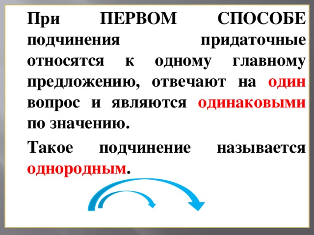 При ПЕРВОМ СПОСОБЕ подчинения придаточные относятся к одному главному предложению, отвечают на один вопрос и являются одинаковыми по значению. Такое подчинение называется однородным .     [ ], ( ), ( ).