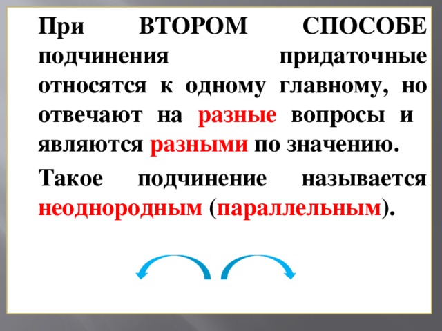 При ВТОРОМ СПОСОБЕ подчинения придаточные относятся к одному главному, но отвечают на разные вопросы и являются разными по значению.  Такое подчинение называется неоднородным ( параллельным ). ( ), [ ], ( ).