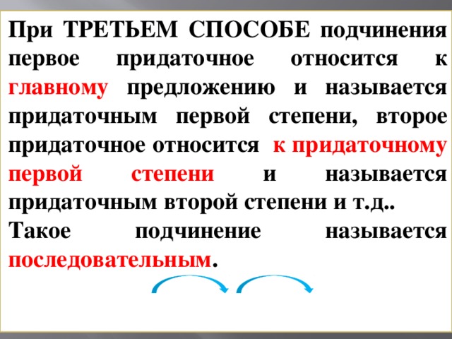 При ТРЕТЬЕМ СПОСОБЕ подчинения первое придаточное относится к главному предложению и называется придаточным первой степени, второе придаточное относится к придаточному первой степени и называется придаточным второй степени и т.д.. Такое подчинение называется последовательным . [ ], ( ), ( ).