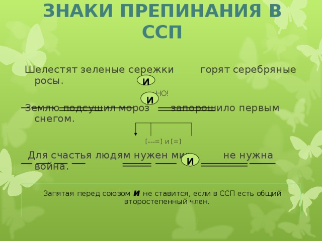 ЗНАКИ ПРЕПИНАНИЯ В ССП Шелестят зеленые сережки , горят серебряные росы. НО! Землю подсушил  мороз  запорошило первым снегом.  [---=] и [=]  Для счастья людям нужен мир не нужна война. Запятая  перед союзом и  не ставится, если в ССП есть общий второстепенный член. и и и