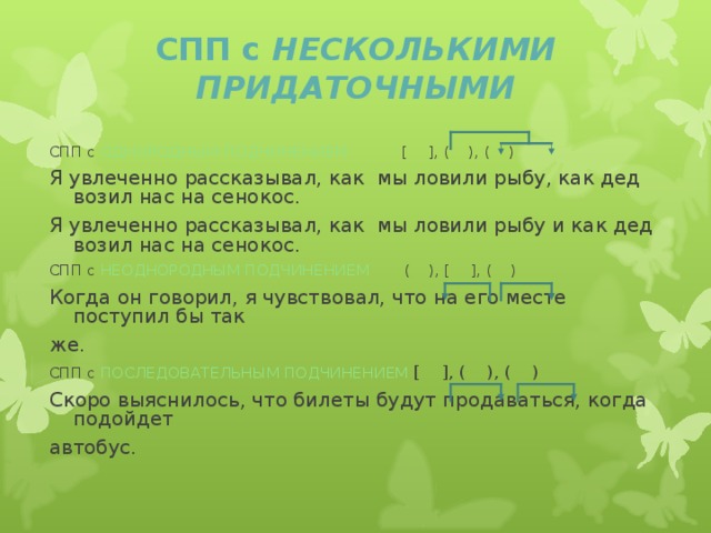 СПП с НЕСКОЛЬКИМИ ПРИДАТОЧНЫМИ СПП с ОДНОРОДНЫМ ПОДЧИНЕНИЕМ  [ ], ( ), ( ) Я увлеченно рассказывал, как мы ловили рыбу, как дед возил нас на сенокос. Я увлеченно рассказывал, как мы ловили рыбу и как дед возил нас на сенокос. СПП с НЕОДНОРОДНЫМ ПОДЧИНЕНИЕМ ( ), [ ], ( ) Когда он говорил, я чувствовал, что на его месте поступил бы так же. СПП с ПОСЛЕДОВАТЕЛЬНЫМ ПОДЧИНЕНИЕМ [ ], ( ), ( ) Скоро выяснилось, что билеты будут продаваться, когда подойдет автобус.