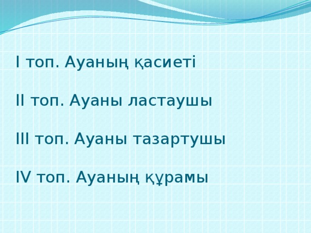 І топ. Ауаның қасиеті  ІІ топ. Ауаны ластаушы  ІІІ топ. Ауаны тазартушы  IV топ. Ауаның құрамы