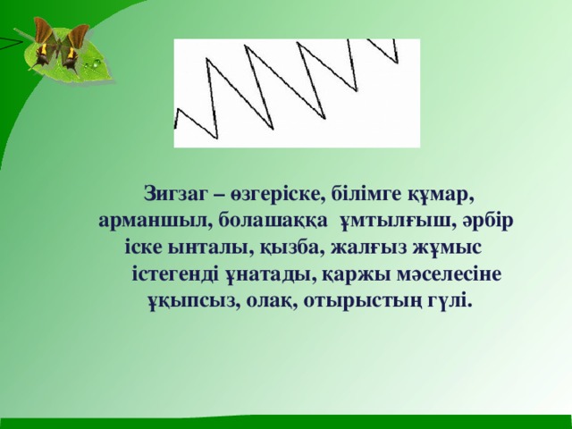 Зигзаг – өзгеріске, білімге құмар, арманшыл, болашаққа ұмтылғыш, әрбір іске ынталы, қызба, жалғыз жұмыс  істегенді ұнатады, қаржы мәселесіне ұқыпсыз, олақ, отырыстың гүлі.