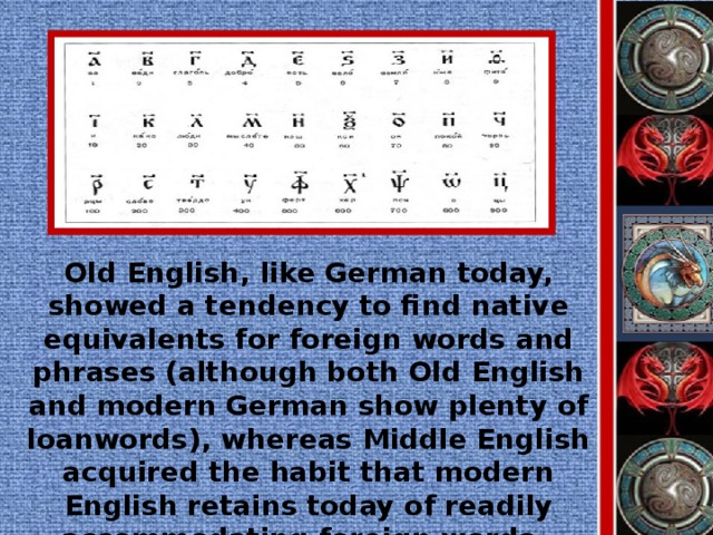 Old English, like German today, showed a tendency to find native equivalents for foreign words and phrases (although both Old English and modern German show plenty of loanwords), whereas Middle English acquired the habit that modern English retains today of readily accommodating foreign words.