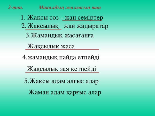 3-топ. Мақалдың жалғасын тап  1. Жақсы сөз – ж ан семіртер  жан жадыратар Жақсылық  2. 3.Жамандық жасағанға  Жақсылық жаса 4.жамандық пайда етпейді Жақсылық зая кетпейді 5.Жақсы адам алғыс алар  Жаман адам қарғыс алар