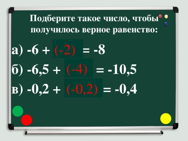 Подберите такое число, чтобы получилось верное равенство: а) -6 + ……= -8 б) -6,5 + …… = -10,5 в) -0,2 + …… = -0,4 (-2) (-4) (-0,2)