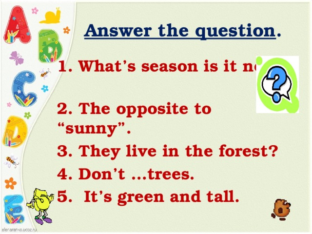 Answer the question . 1. What’s season is it now? 2. The opposite to “sunny”. 3. They live in the forest? 4. Don’t …trees. 5. It’s green and tall.
