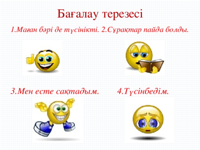 Бағалау терезесі 1.Маған бәрі де түсінікті. 2.Сұрақтар пайда болды.     3.Мен есте сақтадым. 4.Түсінбедім.