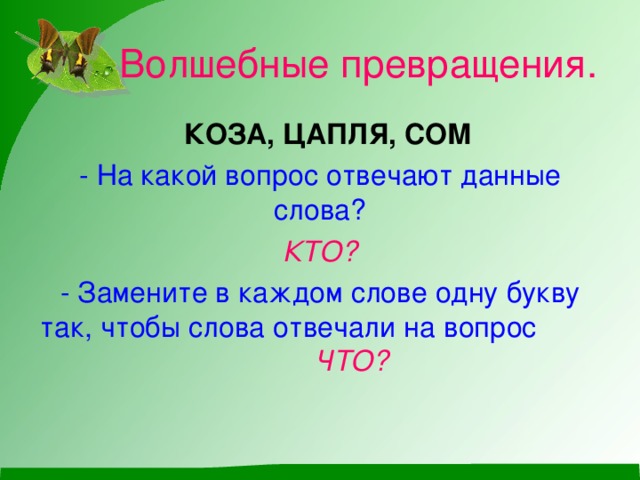 Волшебные превращения.  КОЗА, ЦАПЛЯ, СОМ -  На какой вопрос отвечают данные слова? КТО? - Замените в каждом слове одну букву так, чтобы слова отвечали на вопрос ЧТО?