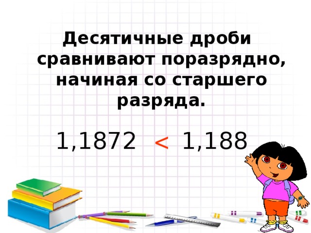 Десятичные дроби сравнивают поразрядно, начиная со старшего разряда.  1,1872 1,188