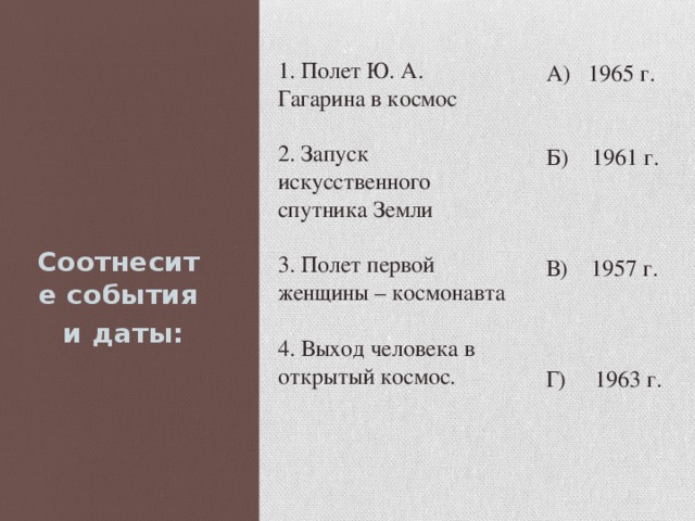 1. Полет Ю. А. Гагарина в космос 2. Запуск искусственного спутника Земли 3. Полет первой женщины – космонавта 4. Выход человека в открытый космос. А) 1965 г. Б) 1961 г. В) 1957 г. Г) 1963 г. Соотнесите события  и даты: