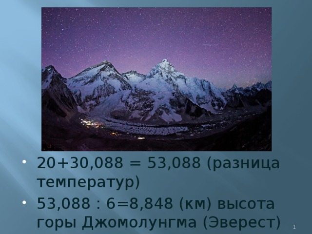 20+30,088 = 53,088 (разница температур) 53,088 : 6=8,848 (км) высота горы Джомолунгма (Эверест)