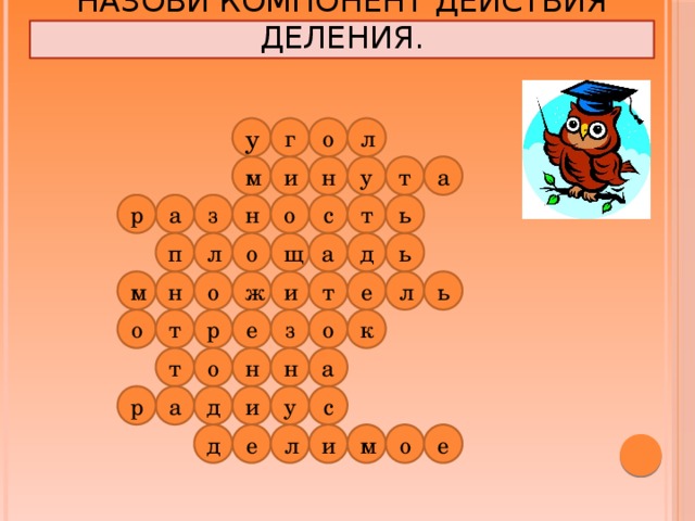 Назови компонент действия деления. о у л г м и т н у а р с н о з ь т а д л п а щ о ь л т е ж ь н м о и к о о р е з т а н т н о д а р у с и е е о м и л д