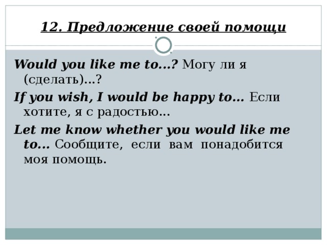 12. Предложение своей помощи Would you like me to...? Могу ли я (сделать)...? If you wish, I would be happy to... Если хотите, я с радостью... Let me know whether you would like me to... Сообщите, если вам понадобится моя помощь.