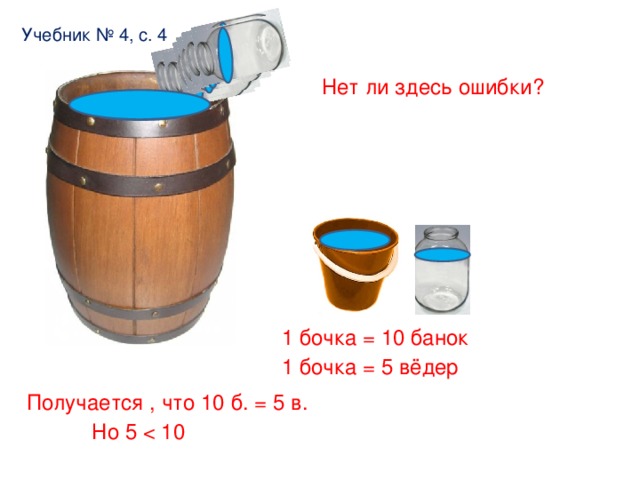 Учебник № 4, с. 4 Нет ли здесь ошибки? 1 бочка = 10 банок 1 бочка = 5 вёдер Получается , что 10 б. = 5 в. Но 5 < 10