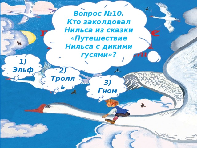 Вопрос №10. Кто заколдовал Нильса из сказки «Путешествие Нильса с дикими гусями»? 1) Эльф 2) Тролль 3) Гном