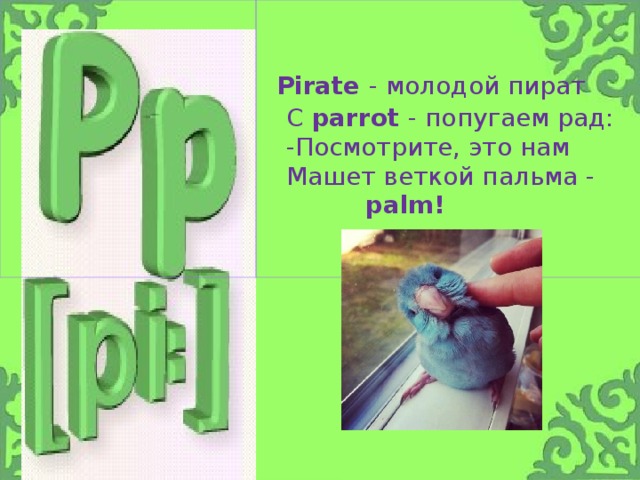 Pirate - молодой пират  С parrot - попугаем рад:  -Посмотрите, это нам  Машет веткой пальма -  palm!