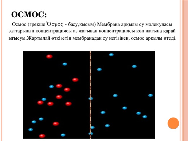 Осмос:    Осмос (грекше Ὄσμος - басу,қысым) Мембрана арқылы су молекуласы заттарының концентрациясы аз жағынан концентрациясы көп жағына қарай ығысуы . Жартылай өткізетін мембранадан су негізінен, осмос арқылы өтеді.