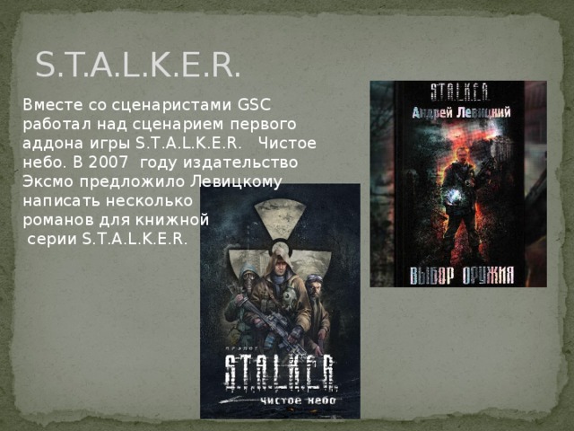 S.T.A.L.K.E.R. Вместе со сценаристами GSC работал над сценарием первого аддона игры S.T.A.L.K.E.R. Чистое небо. В 2007 году издательство Эксмо предложило Левицкому  написать несколько  романов для книжной  серии S.T.A.L.K.E.R.