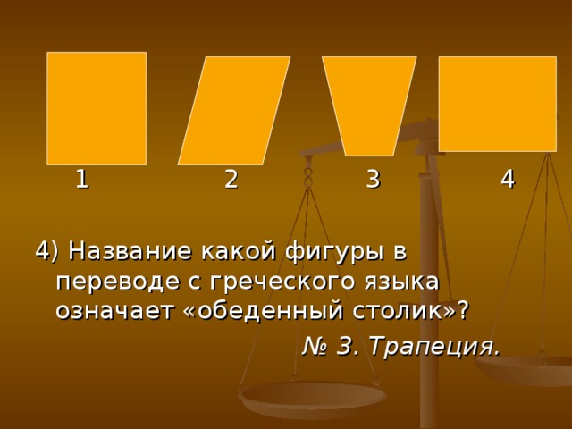 1 2 3 4 4) Название какой фигуры в переводе с греческого языка означает «обеденный столик»?  № 3. Трапеция.