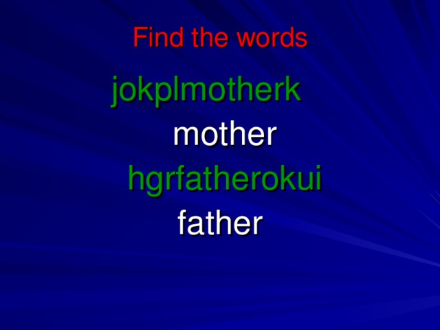 Find the words jokplmotherk  mother  hgrfatherokui father