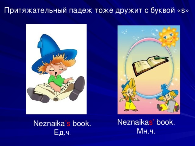 Притяжательный падеж тоже дружит с буквой «s» Притяжательный падеж тоже дружит с буквой «s» Neznaika s’ book. Мн.ч. Neznaika s’ book. Мн.ч. Neznaika ’s book. Ед.ч .