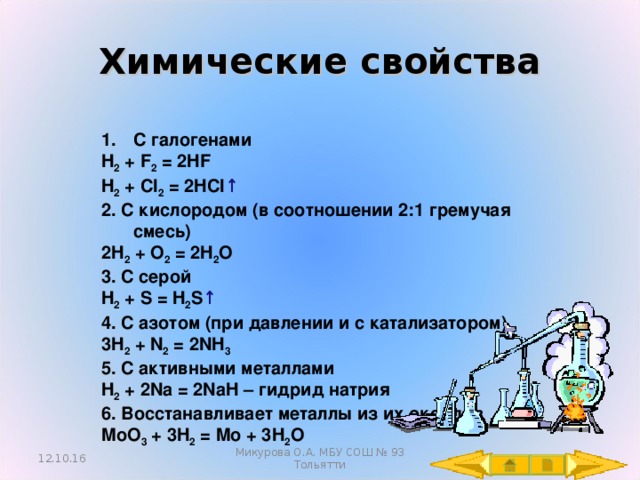 Химические свойства С галогенами H 2 + F 2 = 2HF H 2 + Cl 2 = 2HCl ↑ 2. С кислородом (в соотношении 2:1 гремучая смесь) 2H 2 + O 2 = 2H 2 O 3. С серой H 2 + S = H 2 S ↑ 4. С азотом (при давлении и с катализатором) 3 H 2 + N 2 = 2NH 3 5 . С активными металлами H 2 + 2Na = 2NaH – гидрид натрия  6 . Восстанавливает металлы из их оксидов MoO 3 + 3H 2 = Mo + 3H 2 O 12.10.16 Микурова О.А. МБУ СОШ № 93 Тольятти