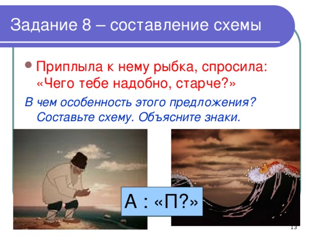 Задание 8 – составление схемы Приплыла к нему рыбка, спросила: «Чего тебе надобно, старче?» В чем особенность этого предложения? Составьте схему. Объясните знаки. А: «П?»  А : «П?»