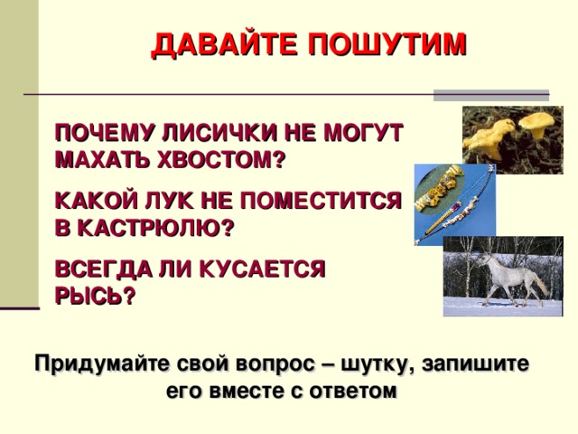 ДАВАЙТЕ ПОШУТИМ ПОЧЕМУ ЛИСИЧКИ НЕ МОГУТ МАХАТЬ ХВОСТОМ? КАКОЙ ЛУК НЕ ПОМЕСТИТСЯ В КАСТРЮЛЮ? ВСЕГДА ЛИ КУСАЕТСЯ РЫСЬ?   Придумайте свой вопрос – шутку, запишите его вместе с ответом