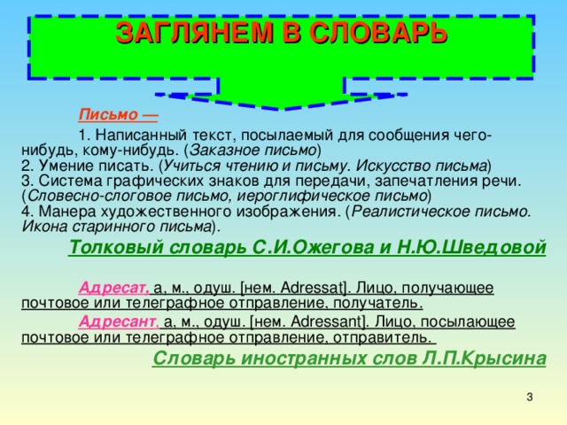 ЗАГЛЯНЕМ В СЛОВАРЬ   Письмо —  1. Написанный текст, посылаемый для сообщения чего-нибудь, кому-нибудь. ( Заказное письмо )  2. Умение писать. ( Учиться чтению и письму. Искусство письма )  3. Система графических знаков для передачи, запечатления речи. ( Словесно-слоговое письмо, иероглифическое письмо )  4. Манера художественного изображения. ( Реалистическое письмо. Икона старинного письма ). Толковый словарь С.И.Ожегова и Н.Ю.Шведовой   Адресат, а, м., одуш. [нем. Adressat]. Лицо, получающее почтовое или телеграфное отправление, получатель.  Адресант , а, м., одуш. [нем. Adressant]. Лицо, посылающее почтовое или телеграфное отправление, отправитель. Словарь иностранных слов Л.П.Крысина