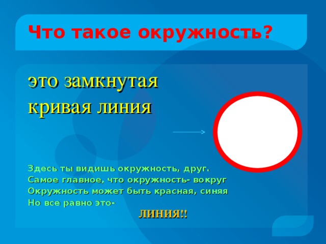 Что такое окружность? это замкнутая кривая линия      Здесь ты видишь окружность, друг. Самое главное, что окружность- вокруг Окружность может быть красная, синяя Но все равно это-        ЛИНИЯ!!