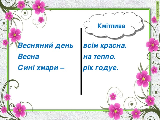 Кмітлива Весняний день Весна Сині хмари – всім красна. на тепло. рік годує.