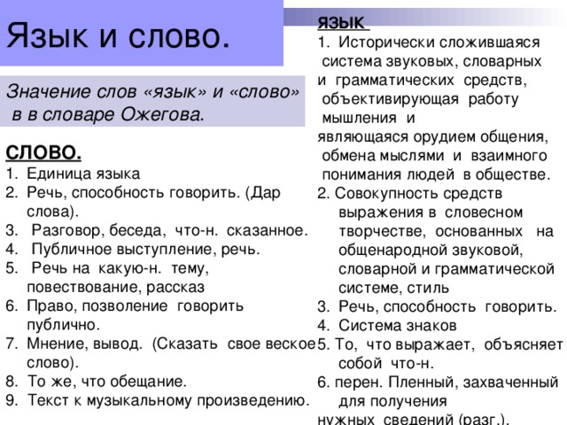 Язык и слово. ЯЗЫК Исторически сложившаяся  система звуковых, словарных и грамматических средств,  объективирующая работу  мышления и являющаяся орудием общения,  обмена мыслями и взаимного  понимания людей в обществе. 2. Совокупность средств выражения в словесном творчестве, основанных на общенародной звуковой, словарной и грамматической системе, стиль Речь, способность говорить. Система знаков 5. То, что выражает, объясняет собой что-н. 6. перен. Пленный, захваченный для получения нужных сведений (разг.).  Значение слов «язык» и «слово»  в в словаре Ожегова. СЛОВО.  Единица языка Речь, способность говорить. (Дар слова). 3. Разговор, беседа, что-н. сказанное. 4. Публичное выступление, речь. 5. Речь на какую-н. тему, повествование, рассказ Право, позволение говорить публично. Мнение, вывод. (Сказать свое веское слово). 8. То же, что обещание. 9. Текст к музыкальному произведению.