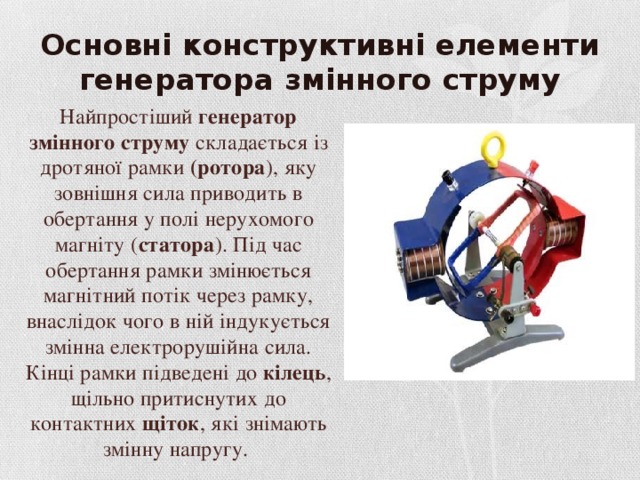 Основні конструктивні елементи генератора змінного струму Найпростіший генератор змінного струму складається із дротяної рамки (ротора ), яку зовнішня сила приводить в обертання у полі нерухомого магніту ( статора ). Під час обертання рамки змінюється магнітний потік через рамку, внаслідок чого в ній індукується змінна електрорушійна сила. Кінці рамки підведені до кілець , щільно притиснутих до контактних щіток , які знімають змінну напругу.