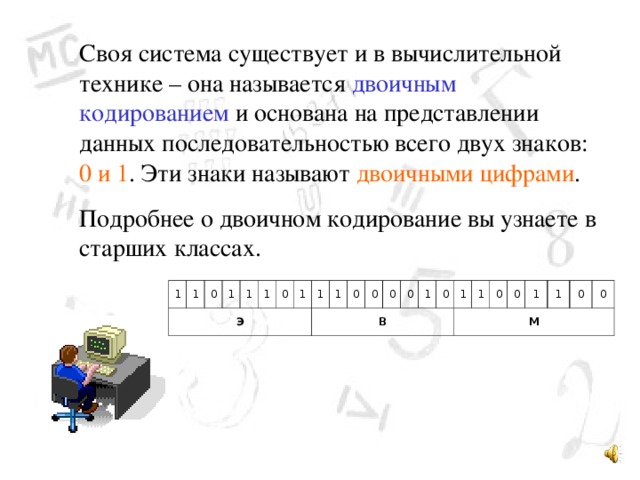 Своя система существует и в вычислительной технике – она называется двоичным кодированием и основана на представлении данных последовательностью всего двух знаков: 0 и 1 . Эти знаки называют двоичными цифрами . Подробнее о двоичном кодирование вы узнаете в старших классах. 1 Э 1 0 1 1 1 0 1 1 В 1 0 0 0 0 1 0 1 М 1 0 0 1 1 0 0