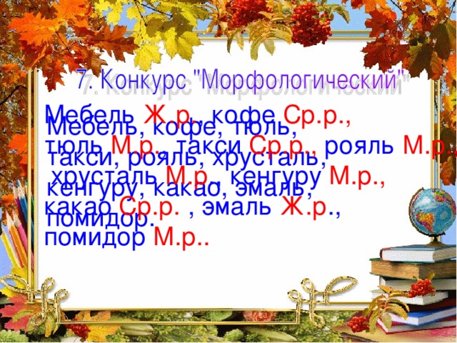 Мебель Ж.р. , кофе Ср.р.,  тюль М.р. , такси Ср.р., рояль М.р.,  хрусталь М.р ., кенгуру М.р.,  какао Ср.р. , эмаль Ж.р ., помидор М.р.. Мебель, кофе, тюль, такси, рояль, хрусталь, кенгуру, какао, эмаль, помидор.