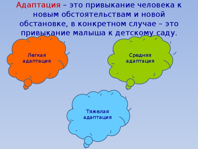 Адаптация – это привыкание человека к новым обстоятельствам и новой обстановке, в конкретном случае – это привыкание малыша к детскому саду. Легкая адаптация Средняя адаптация Тяжелая адаптация