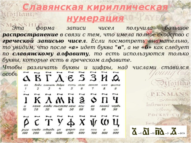 Славянская кириллическая нумерация   Эта форма записи чисел получила большое распространение в связи с тем, что имела полное сходство с греческой записью чисел . Если посмотреть внимательно, то увидим, что после «а» идет буква 