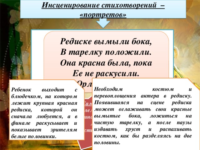 Инсценирование стихотворения. Драматические произведения в начальной школе. Инсценирование стихотворений портретов пример. Методы инсценирования.