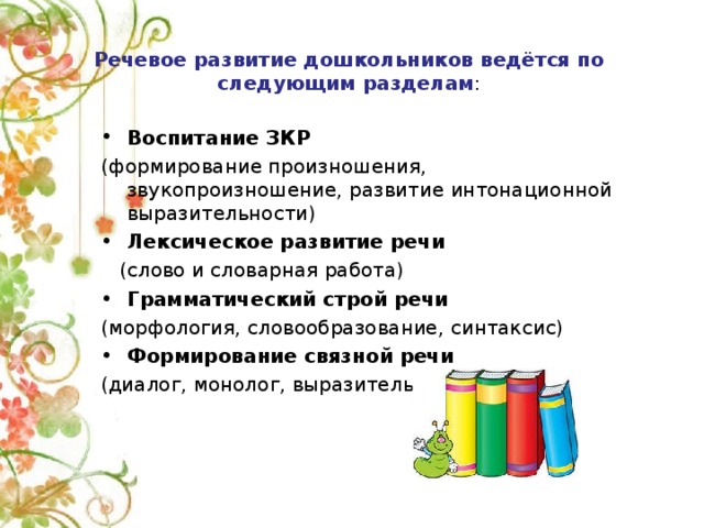 Речевое развитие дошкольников ведётся по следующим разделам : Воспитание ЗКР (формирование произношения, звукопроизношение, развитие интонационной выразительности) Лексическое развитие речи  (слово и словарная работа) Грамматический строй речи (морфология, словообразование, синтаксис) Формирование связной речи (диалог, монолог, выразительность речи)